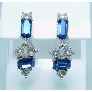 Vintage Bogoff Crystal & sapphire Rhinestone Dangle Earrings